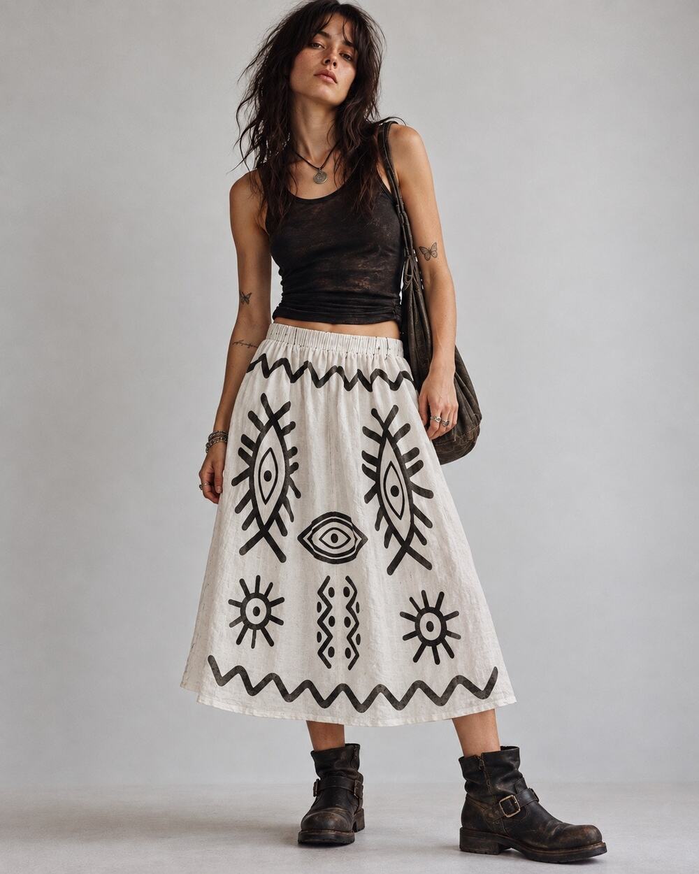 100% Linen Made in Italy Eye Print Midi Skirt Whimsigoth Art to Wear Witchy